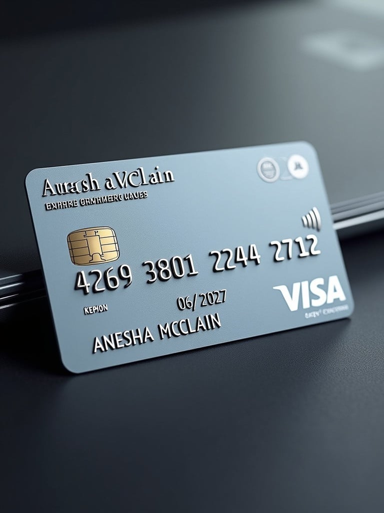 Realistic depiction of a Visa credit card. The card displays the name Anesha McClain at the bottom. Card number 4269 3801 2244 2712 is shown alongside an expiration date of 06/2027.