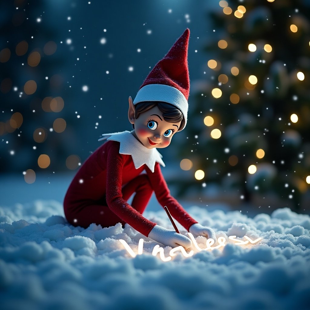 The image features an elf character known as the Elf on the Shelf. It is set in a snowy landscape during a dark night. The elf is playfully writing the name 'Khaleesi' in the snow. Surrounding the scene are Christmas trees adorned with colorful lights that create a warm glow. Soft snowflakes are gently falling, adding to the magical atmosphere of the winter night.