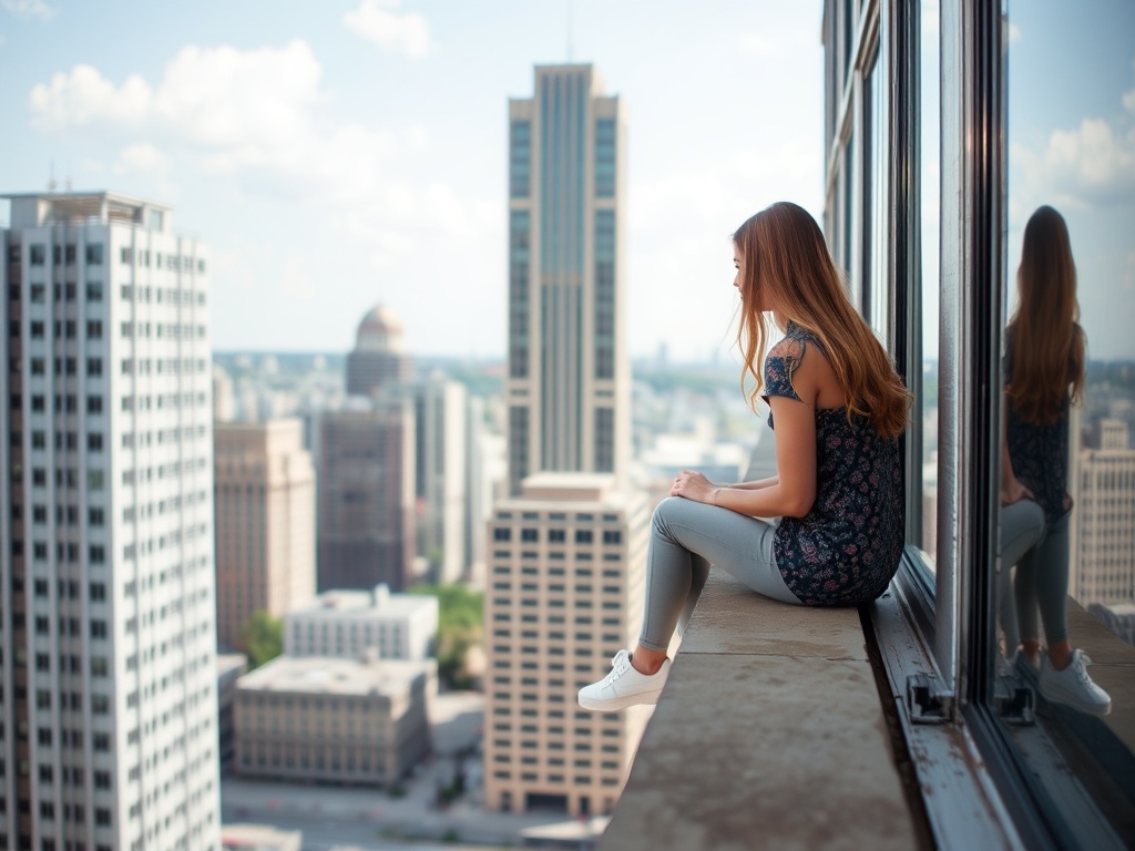 A young woman sits pensively on a ledge high above the city, with skyscrapers stretching in the distance. Her image is reflected in the tall glass windows beside her, creating a double view of her contemplative pose. The bright daylight illuminates the scene, highlighting the bustling urban landscape below and the serene sky above.