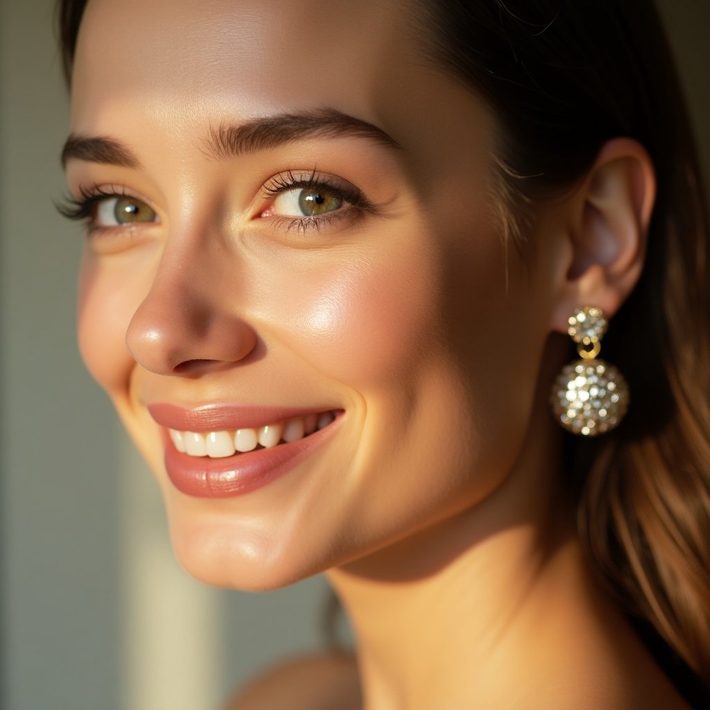 Close-up side profile of a young woman. Warm lighting illuminates skin. Natural look without visible makeup. Glowing complexion enhances beauty. Soft natural lighting casts a highlight on facial features. Elaborate earrings adorn her ears. Bold makeup with glitter on cheeks and shoulders creates a stunning effect. Image ideal for skincare and beauty products.