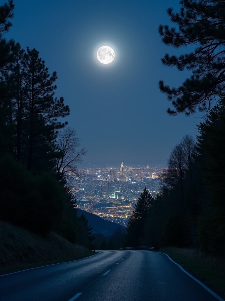 Serene moonlit road descends through trees. Brightly illuminated city skyline appears below.