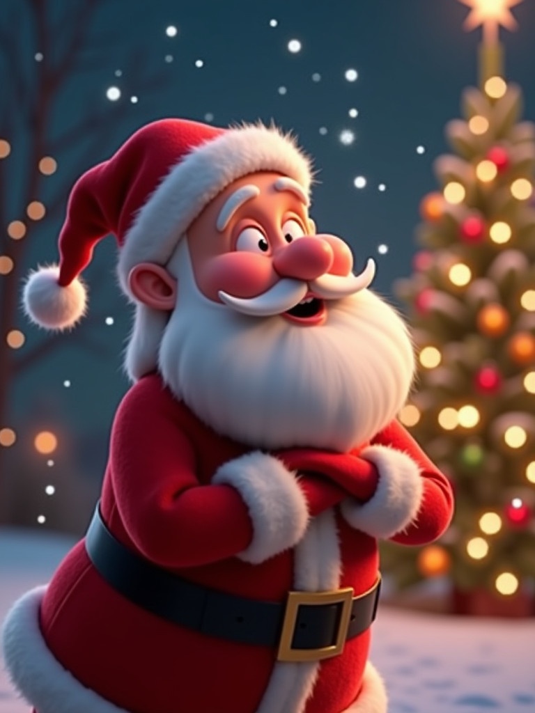 Animated Santa Claus blowing a kiss with playful expression. Background has twinkling Christmas lights and snowflakes falling. Christmas tree is glowing. Santa wears a classic red suit with a white beard. Gives a joyful effect.