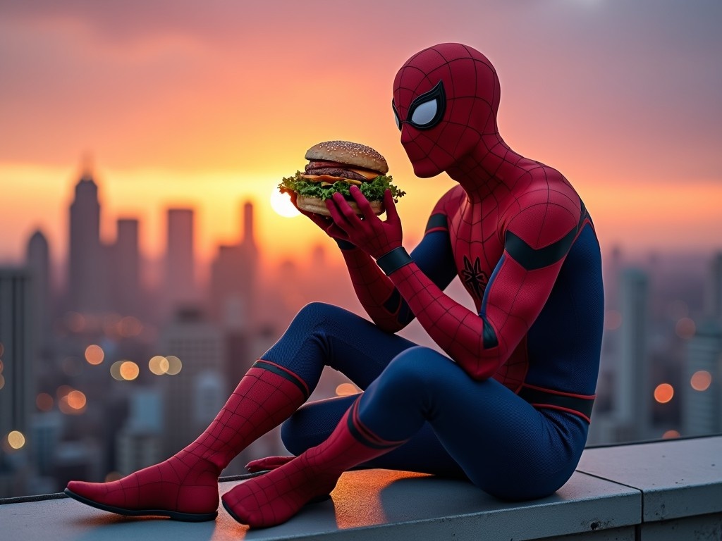 The image features a superhero figure, styled as Spider-Man, sitting on a rooftop ledge. He is holding a large burger with vibrant toppings in his hands. The backdrop showcases a stunning sunset over a city skyline. The colors in the scene are warm, emphasizing the golden hour glow. The character's costume is detailed, showcasing the signature red and blue colors. The overall atmosphere is playful and whimsical, creating an intriguing juxtaposition between the superhero and the everyday food item.