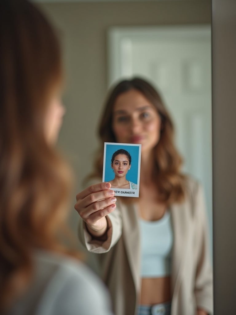 A person holds an ID in front of a mirror. Arm and hand show details of the ID. Neutral indoor space with soft lighting.