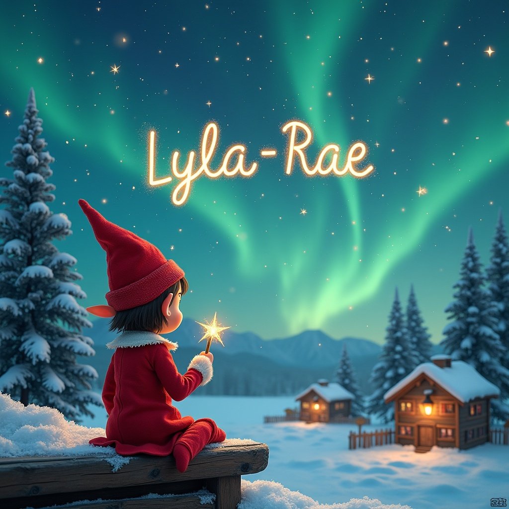 An elf in a red outfit with a pointed hat sits on a wooden ledge. The elf gazes at the sky with a sparkling wand. The name 'Lyla-Rae' is written in the starry sky. Surrounding is a snowy landscape with small houses and evergreen trees under magical Northern Lights. This scene embodies childhood magic and Christmas cheer.