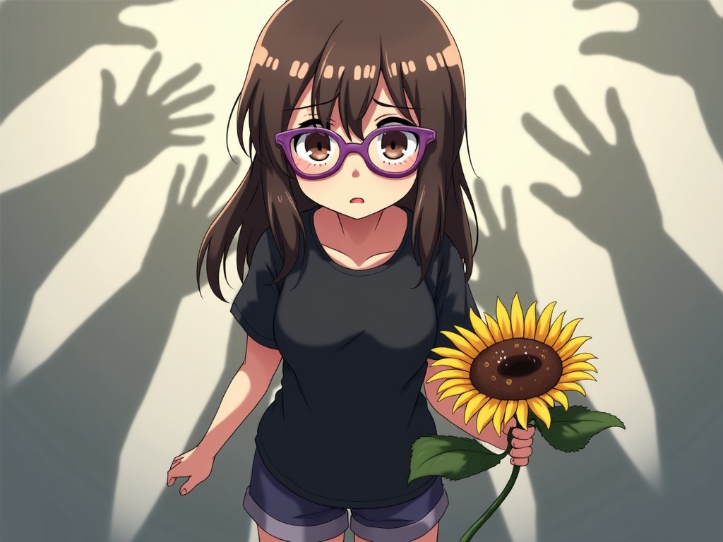 The image portrays a sad girl with lifeless eyes, holding a wilted sunflower that signifies her emotional state. She wears purple glasses and has straight, long brunette hair with bleached ends. The atmosphere is intensified by shadowy hands reaching out towards her from the background, enhancing the feeling of despair. Clad in a simple black T-shirt and shorts, her expression conveys a sense of heaviness and brokenness. This artwork captures the essence of vulnerability, making it relatable to those suffering from emotional distress.