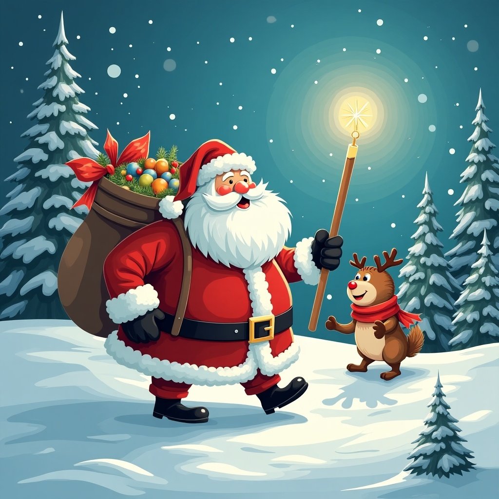 Cheerful holiday scene with Santa Claus and a reindeer. Santa dressed in traditional red outfit with a big bag. Snowy landscape with pine trees. Warm, glowing light from Santa's stick.