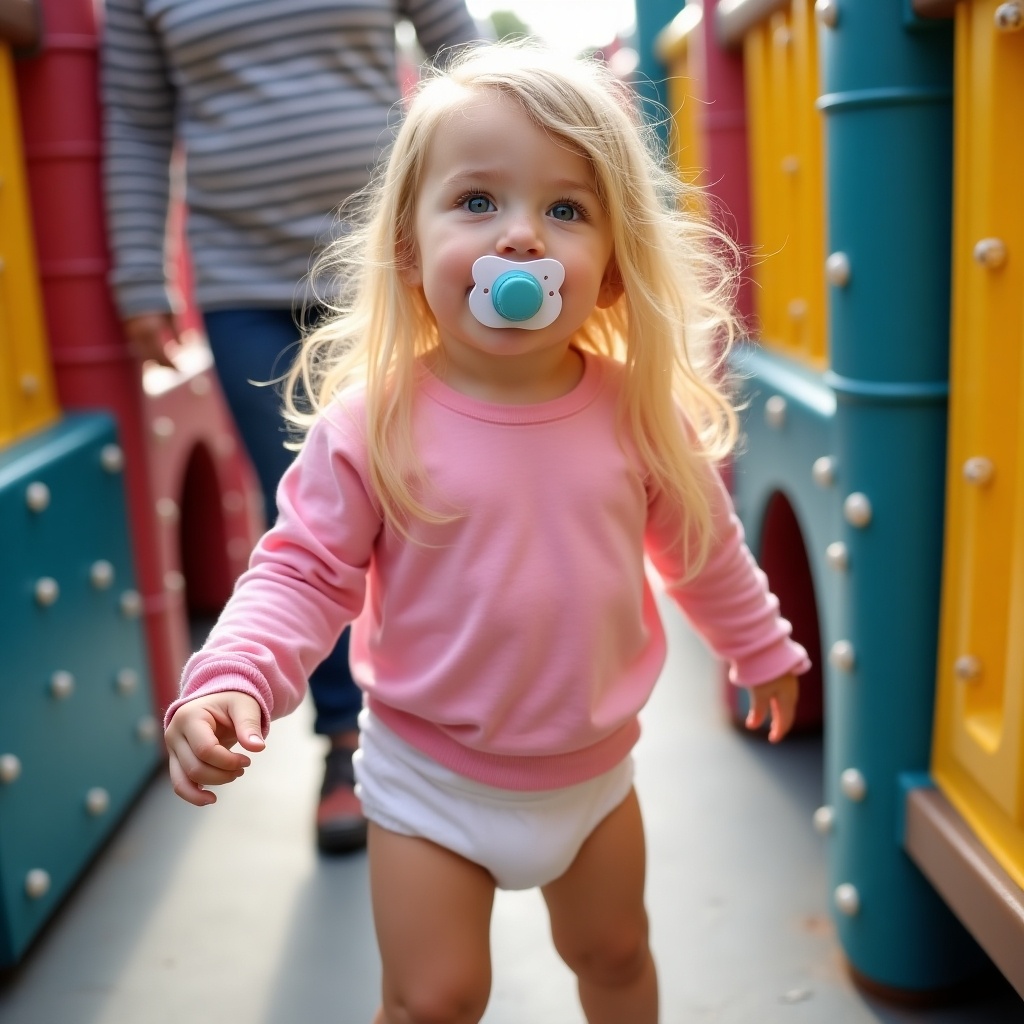 A joyful scene at a playground featuring a young girl with long blonde hair and emerald green eyes. She is wearing a diaper underneath a long-sleeve pink t-shirt and a pacifier in her mouth. The girl is standing and walking, showcasing her playful demeanor. The playground is colorful, with slides and equipment around her. Her parents are present in the background, engaging with her. The atmosphere is bright and cheerful, representing a typical day of fun and exploration for a toddler.