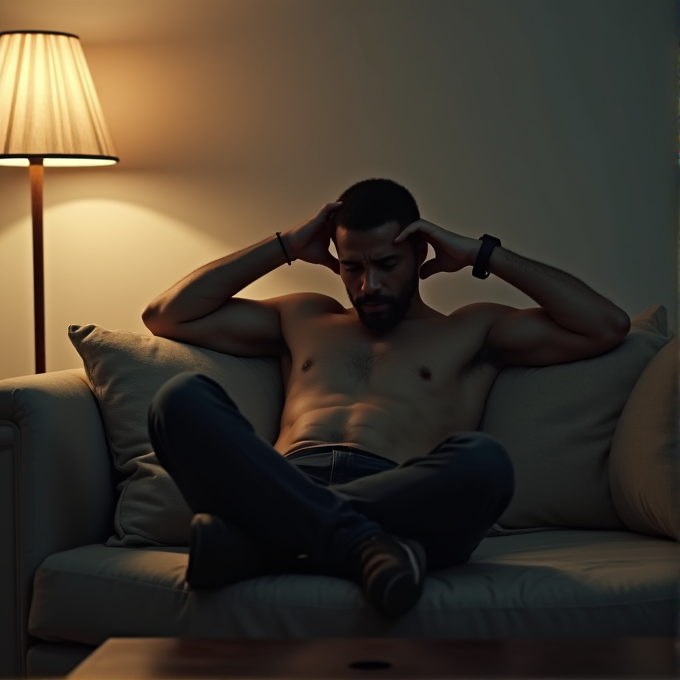 A shirtless man sits pensively on a couch, bathed in the soft glow of a nearby lamp in a dimly lit room.