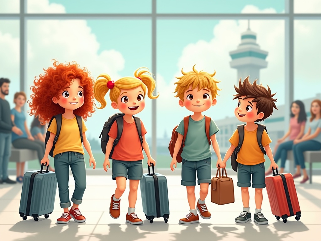 This image showcases four children, each carrying a suitcase, walking together in an airport. Their vibrant expressions convey excitement and curiosity, as they are about to embark on a new adventure. The background reveals an airport setting, with large windows and people seated, emphasizing the scene's travel theme.