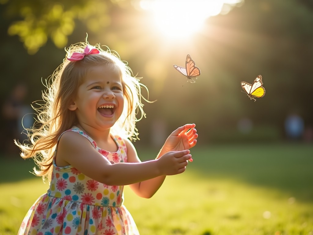 A joyful child playing with butterflies in a sunny garden.