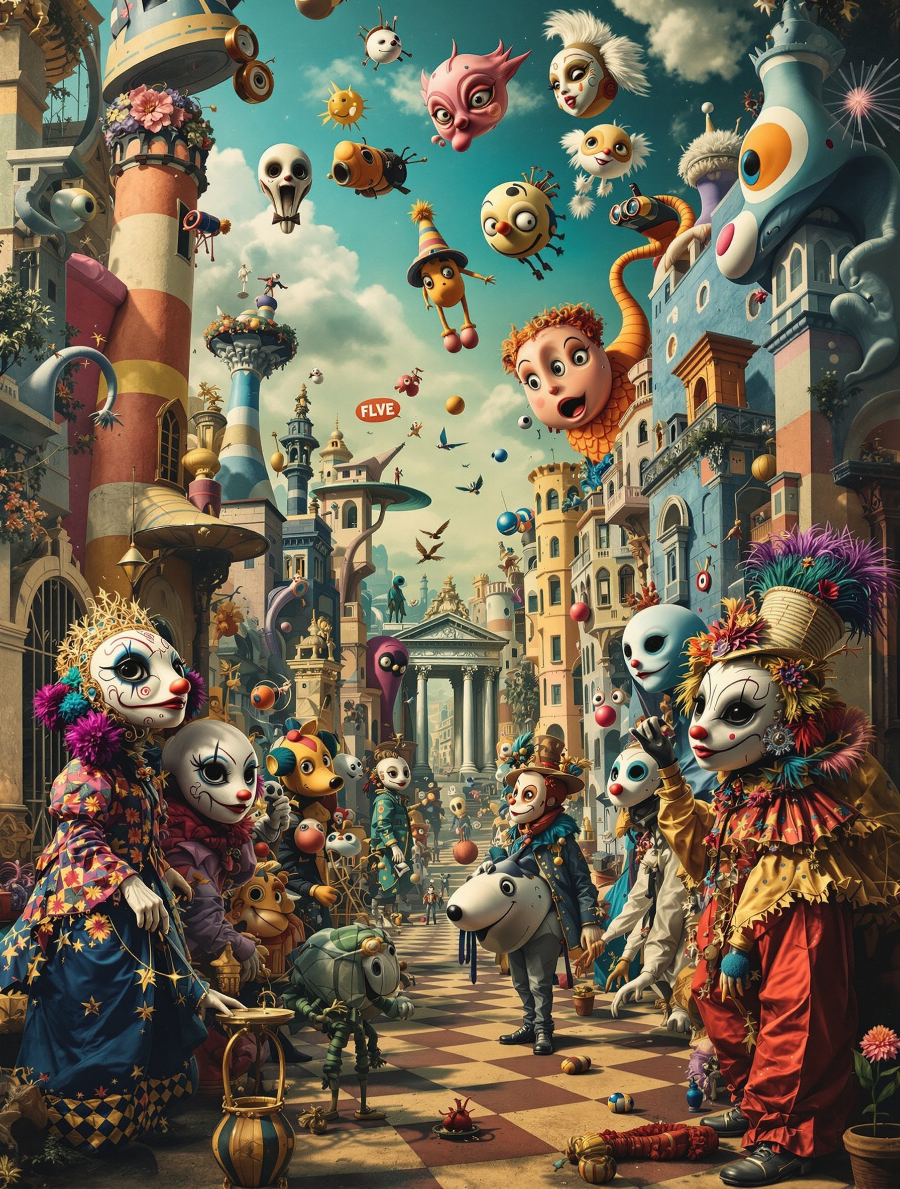 Surreal art scenery with whimsical characters in a vibrant colored street. Clowns and playful figures interact with imaginative architecture and floating elements. High detail digital artwork creates a fantastical atmosphere.