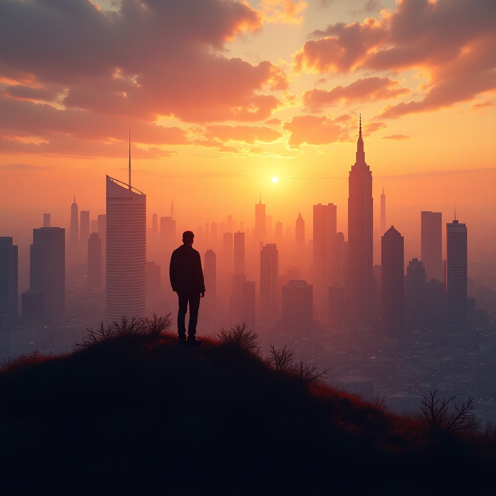 Silhouette of a person on a hill watching over a city at sunset. Majestic skyline featuring skyscrapers and warmth of the golden sky.