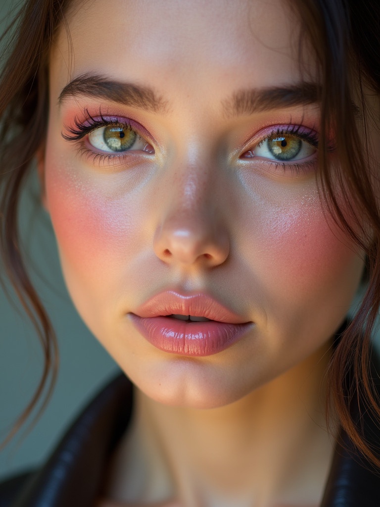 Closeup of a young woman in her twenties. Large bright eyes with rosy pink hue. Expertly applied makeup in pink tones. Soft pastel pink eyeshadow with shimmer. Long defined lashes. Light pink blush on cheeks. Glossy pink lips that shine delicately. Stunning leather dress with shiny finish.