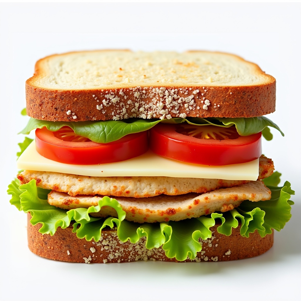 The image showcases a delicious sandwich made with layers of sliced chicken breast, crisp iceberg lettuce, fresh tomato slices, and creamy white cheese. The bread is a wholesome, toasted variety that provides a perfect crunch. Each ingredient is stacked neatly to highlight freshness and quality. The bright colors of the lettuce and tomato contrast beautifully with the white cheese and brown bread. This sandwich is not only visually appealing but also nutritious, making it an excellent choice for a healthy meal.