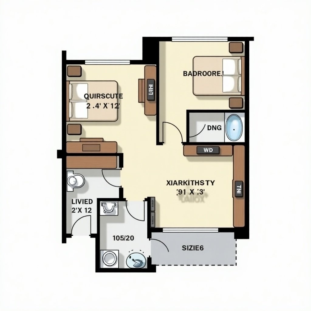 Detailed layout of a 2BHK apartment. Features two bedrooms, a kitchen, a bathroom, and a living area in a 1000 square meter design.