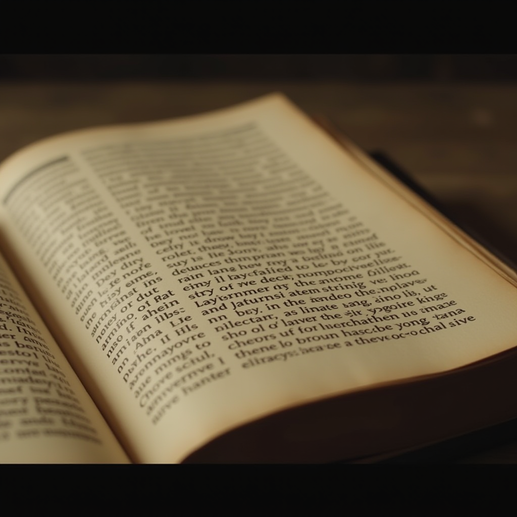 An open book with softly focused, text-filled pages illuminated by warm, ambient lighting.