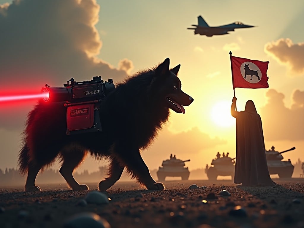 In a dramatic and awe-inspiring scene, a fluffy black Bernese mountain dog walks across a dark, desolate battlefield. There is a laser cannon on its back, firing a bright red beam. Nearby, a figure in a cloak stands valiantly holding a flag with a dog emblem. In the background, small soldiers with rifles and tanks add to the intensity of the scene. The sky is lit by the bright radiance of the sun as a jet fighter passes overhead.