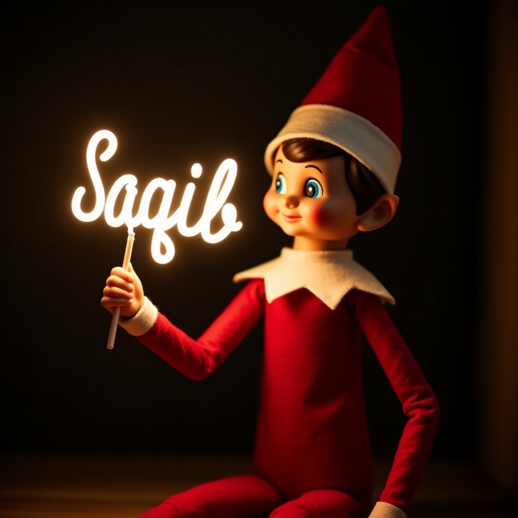 Elf on the shelf character in red and white attire. Elf holds glow stick forming name 'Saqib' in bright light. Dark background enhances glow. Scene evokes holiday joy and magic.