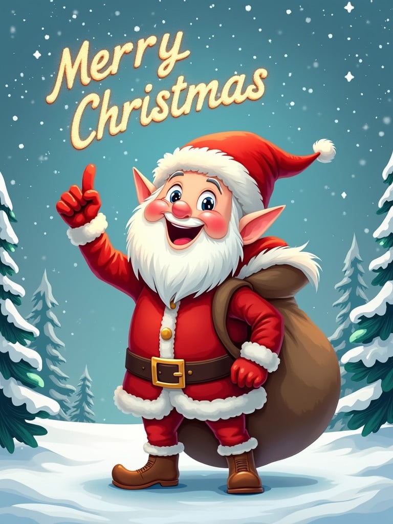 Cheerful elf in snowy winter landscape. Dressed in red Santa suit with white trim. Big smile and fluffy white beard. Happily points towards sky. Sparkling text reads 'Merry Christmas.' Carries large sack over shoulder. Scene filled with snow-covered trees. Colors are vibrant and festive.