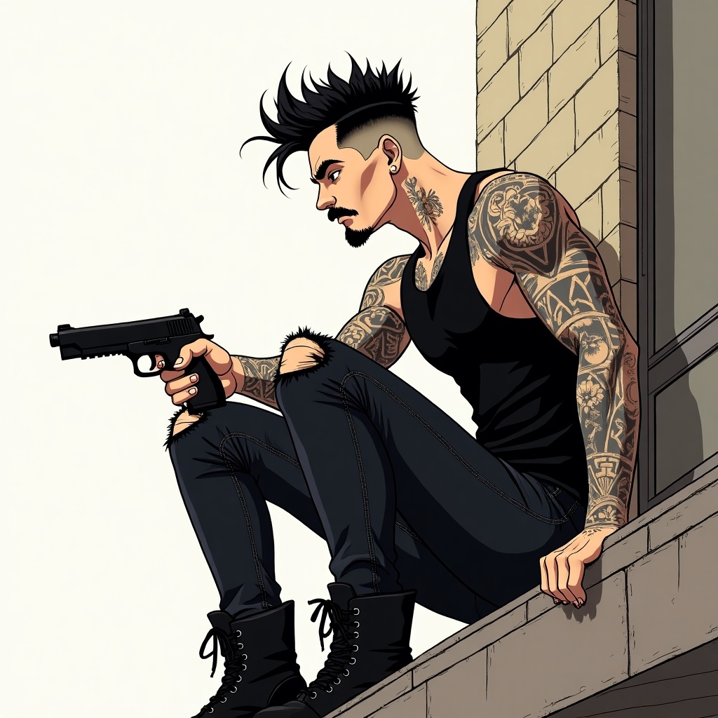 This image depicts an anime/DC-style drawing of a male antihero character. He has a high and tight haircut with stubble and a distinct mustache. Tattoos cover his neck and arms, adding a tough look. The character is dressed in a black tank top tucked into ripped black jeans, completed with black combat boots. He sits stoically on the ledge of a building, holding a pistol, as he looks out into the distance. The atmosphere is edgy, reflecting the character's rebellious nature, and the choice of clothing and accessories emphasizes his persona as an antihero.