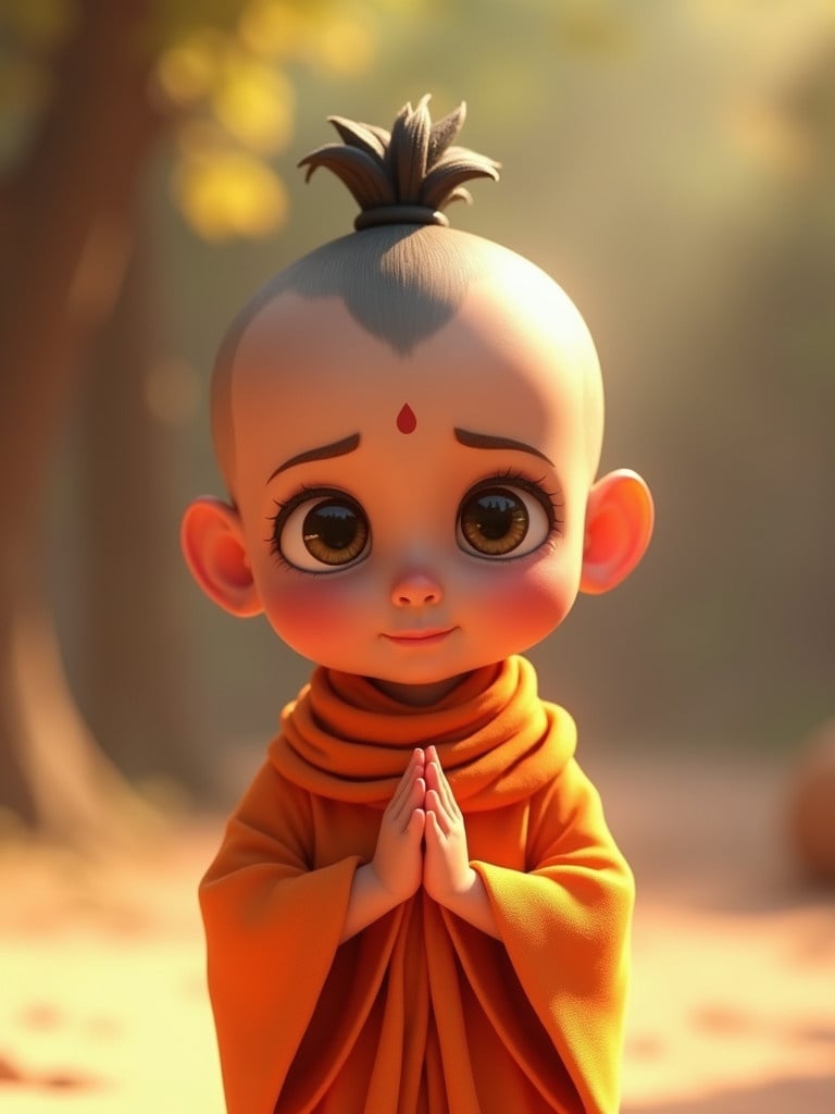 A young child dressed as a Hindu. The child has a shaved head and a short ponytail at the back. The child is wearing traditional orange and standing with hands folded in a peaceful gesture. The background is slightly blurred with warm, natural light illuminating the scene. The atmosphere is calm and spiritual. The artistic style is Disney 3D.