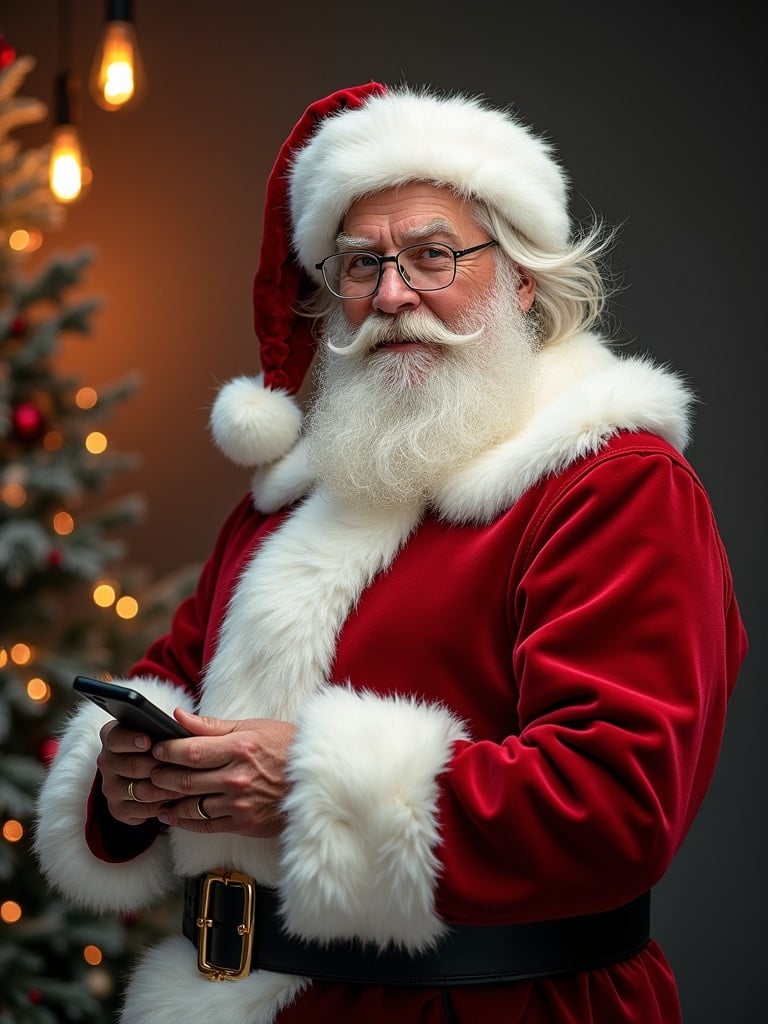 Santa Claus embodies the spirit of Christmas. He stands near a decorated Christmas tree. He holds a smartphone in his hands. Bright lights create a warm atmosphere.