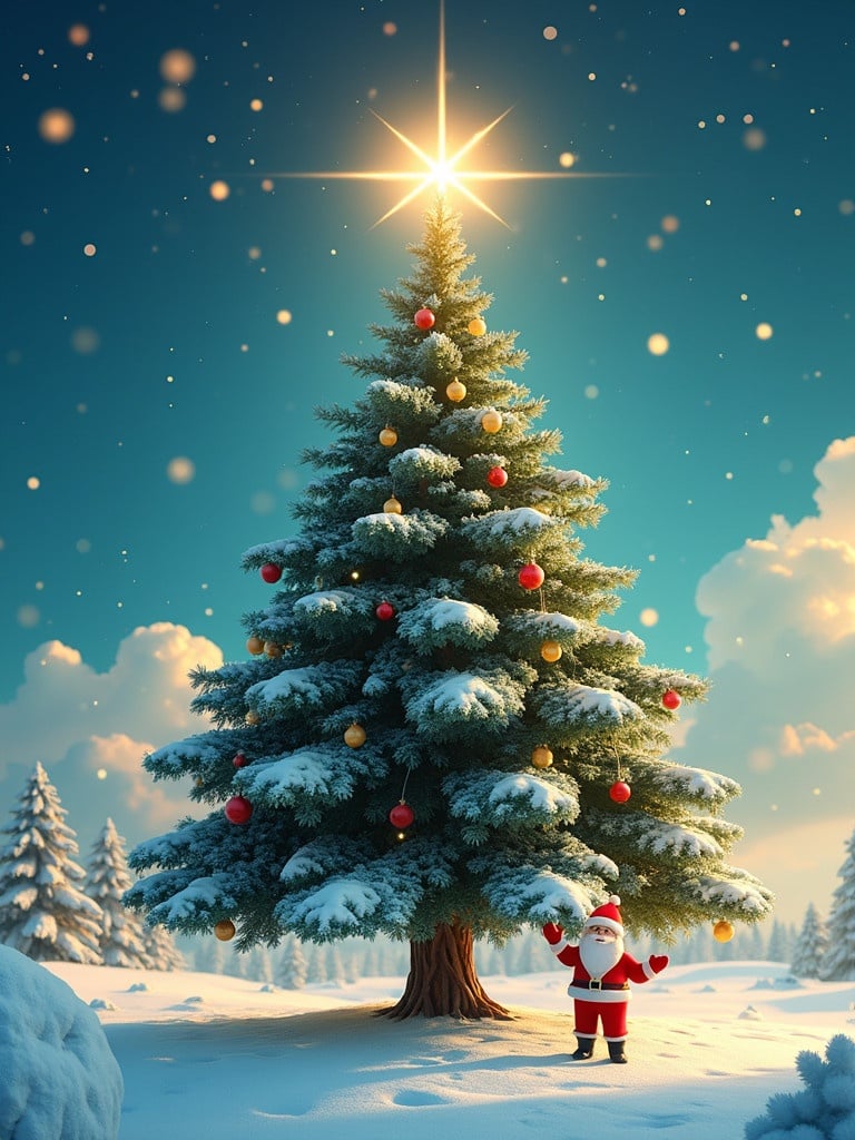 Decorated Christmas tree with a star shining. Snow-covered ground and trees in the background. Santa Claus stands beside the tree. Include eco-friendly elements with solar panels. Message of Merry Christmas and Happy New Year. Feature the company name Foteini Energy.