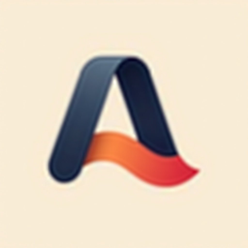 Stylized letter A designed with a ribbon-like effect. Dark blue with red and orange colors. Soft light beige background. Modern abstract logo conveys innovation and creativity. Suitable for technology branding, especially in AI.