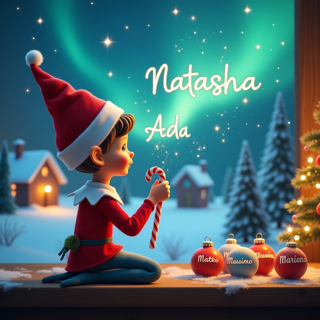 An elf sits on a wooden ledge with its back to the camera. The elf gazes at a magical sky. The elf wears a red outfit with a pointed hat. It holds a sparkling wand. The elf elegantly writes names in the starry sky. The background shows a snowy landscape with charming houses and evergreen trees under Northern Lights. The scene captures childhood magic and Christmas cheer. The elf is dressed in blue attire with a playful expression. It writes names on decorative baubles at a wooden table. Surrounding are festive decorations, including a Christmas tree with lights. The elf holds a red and white candy cane, adding holiday cheer. Names on baubles include 'Matteo', 'Massimo', 'Mariano', showing a personal touch for the season. This captures delightful anticipation of the holidays.