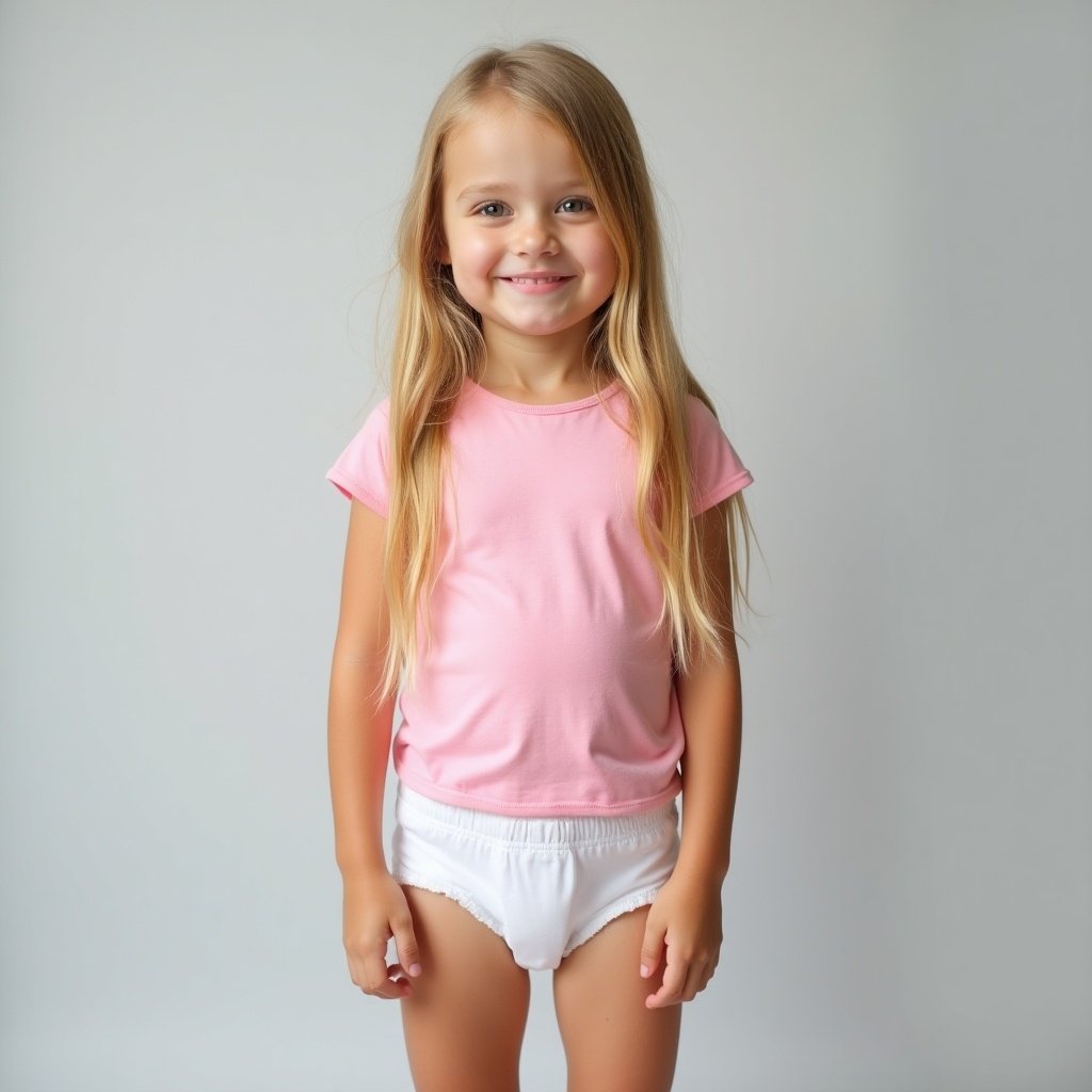 The image shows a young girl standing confidently. She has long blonde hair and wears a pink t-shirt and white diaper. The background is a soft gray, creating a gentle atmosphere.