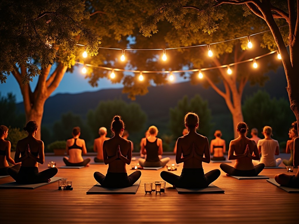 The image depicts a tranquil scene of individuals practicing yoga on a terrace. The setting is surrounded by lush trees, creating a natural ambiance. Soft, dim lighting is provided by hanging spotlights, enhancing the serene environment. In front of the participants, wine glasses are placed on the floor, adding a touch of elegance. The atmosphere is peaceful and calming, making it an ideal setting for yoga and meditation.