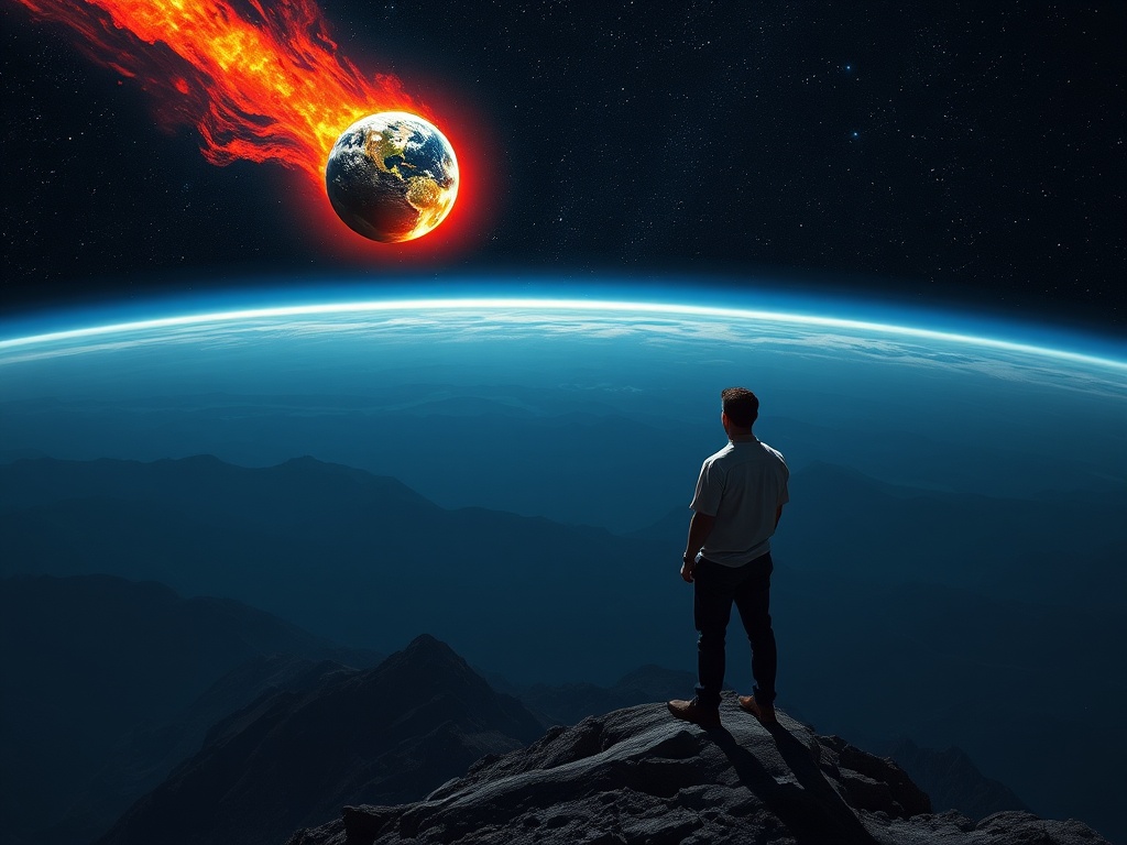 A solitary figure stands on a mountain peak, gazing at a fiery celestial object streaking towards Earth. The image depicts a dramatic scene where the planet is engulfed in flames, creating a sense of impending doom. The clear night sky contrasts with the vivid glow of the fiery impact.