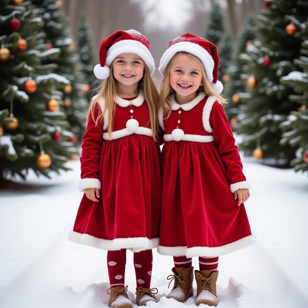 Two children in festive Christmas dresses stand together in the snow. They wear red dresses with white accents and are surrounded by a snowy landscape and evergreen trees decorated for Christmas with joyful expressions.