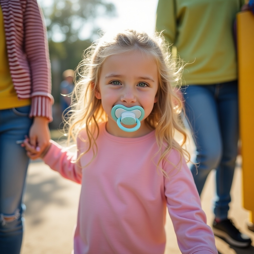 A seven-year-old girl with long blond hair and emerald green eyes is enjoying a day at the playground. She is wearing a long sleeve pink t-shirt and a diaper, clearly comfortable in her playful setting. The girl has a pacifier in her mouth, giving her a youthful appearance as she stands confidently. Her parents are engaging with her in the background, as they hold hands and encourage her exploration. The scene is bright and joyful, with children playing and a sunny atmosphere around them.