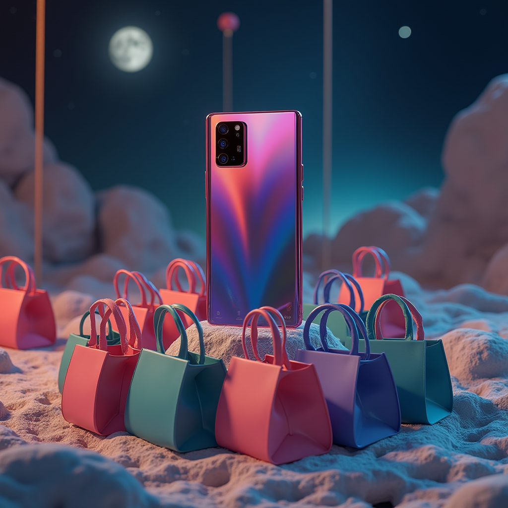 A colorful phone floats above small bags on a moonlit, whimsical landscape.