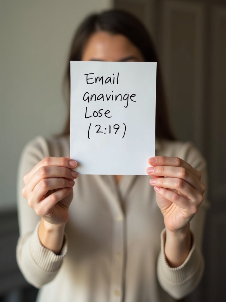 A person holds a piece of paper in a mirror. The paper features a handwritten email address and date. The person's arm and hand are visible, showcasing the paper. Neutral indoor space appears with soft lighting. Main focus is on the paper.