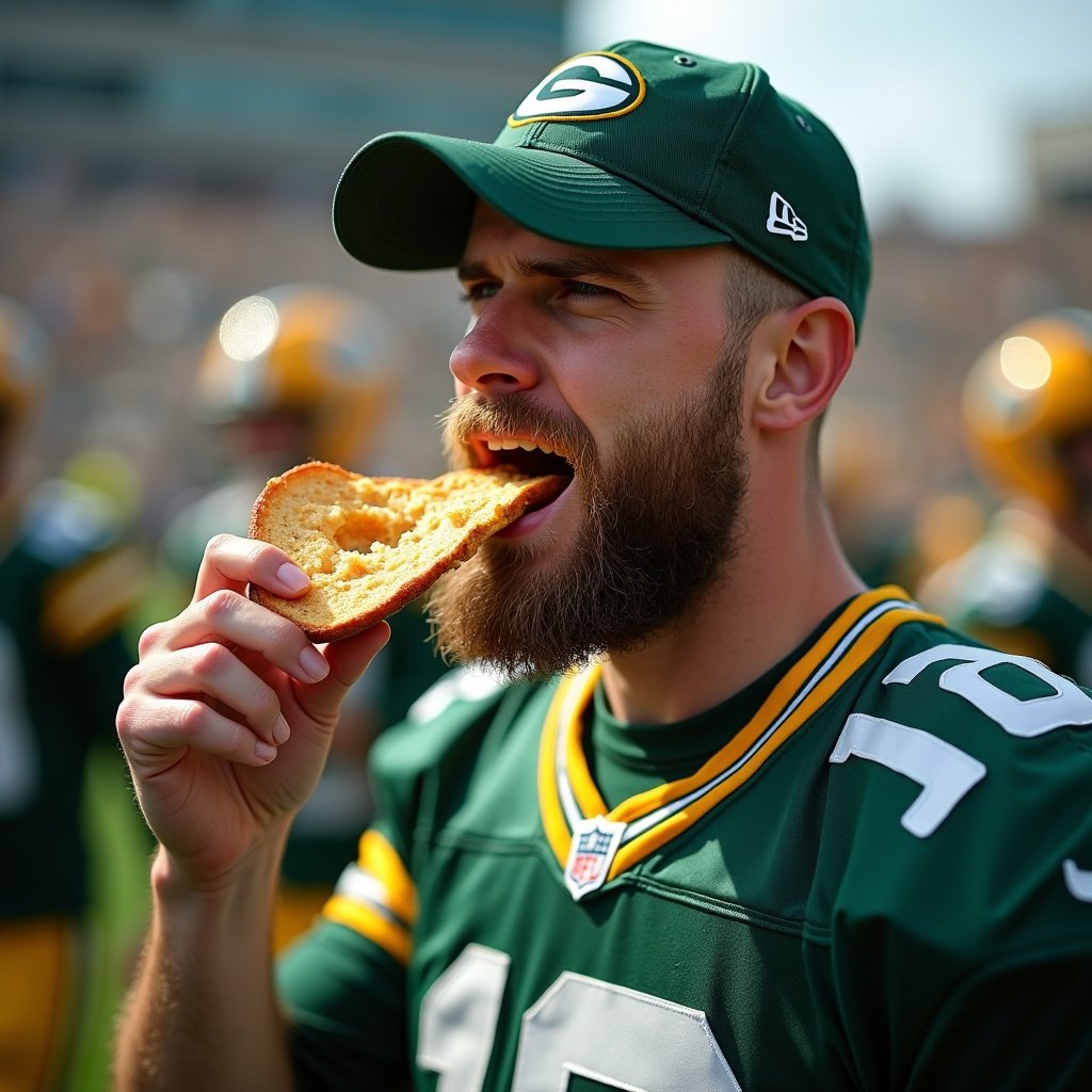 The image depicts a passionate fan of the Green Bay Packers enjoying a slice of bread, seemingly in a game-day atmosphere. The fan wears a team jersey and a cap, embodying the spirit of sports enthusiasm. The light shines brightly, indicating it's likely a sunny day at a stadium. The focus is on the enjoyment of food while supporting their favorite team. This captures a blend of fun, sports, and community engagement.