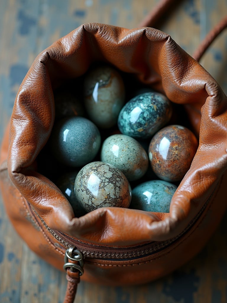 Marbles made of natural abalone in various colors placed in a brown leather sack. Image taken from above showing details of marbles and sack. Shot with a Hasselblad camera using ISO 100. Professional finish with color grading and soft shadows.