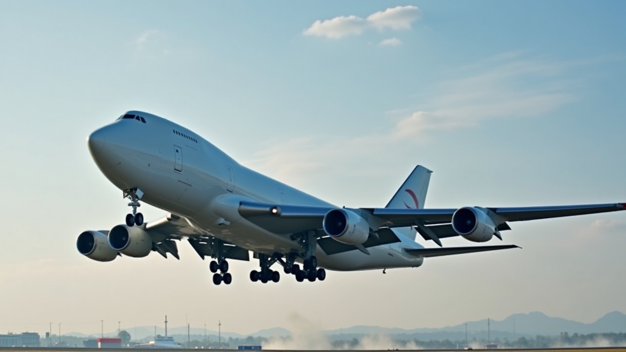 A Boeing 747 is taking off into the sky, captured in a low-angle shot. The aircraft's large wings and engines are prominently displayed as it ascends. The background showcases a clear blue sky, with soft white clouds. This image is an excellent representation of commercial aviation and air travel. The lighting highlights the aircraft's sleek design, making it visually striking. The overall scene conveys a sense of adventure and the excitement of flight.