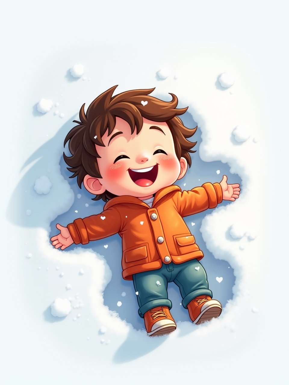 Whimsical toddler laying in snow making snow angels, white background, Disney style.