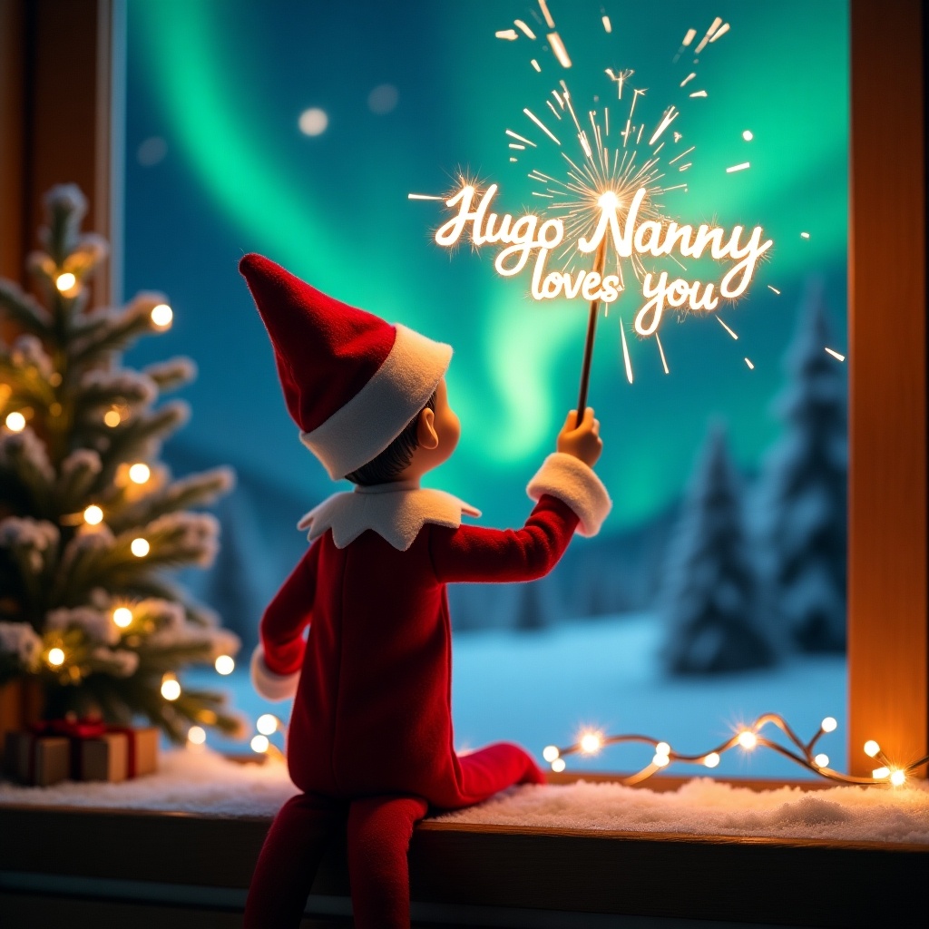 Enchanting Christmas scene featuring an elf on the shelf facing the sky. Elf dressed in red and white holds a magic wand writing 'Hugo Nanny loves you' with sparklers. Vibrant northern lights in the backdrop create a magical ambiance. Scene depicts festive spirit and whimsical twist of the holiday season.