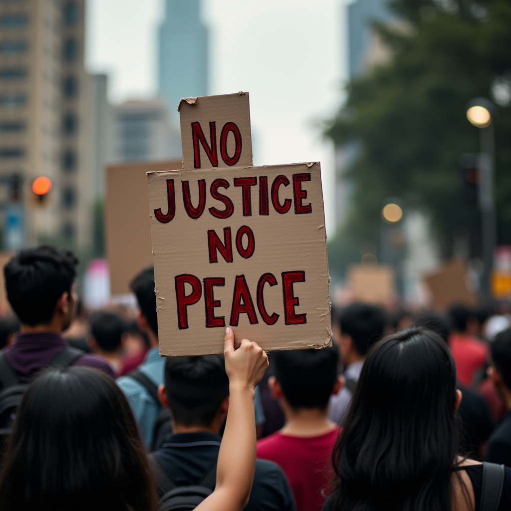 A person in a crowd holds a sign that reads 'No Justice No Peace' during a protest.