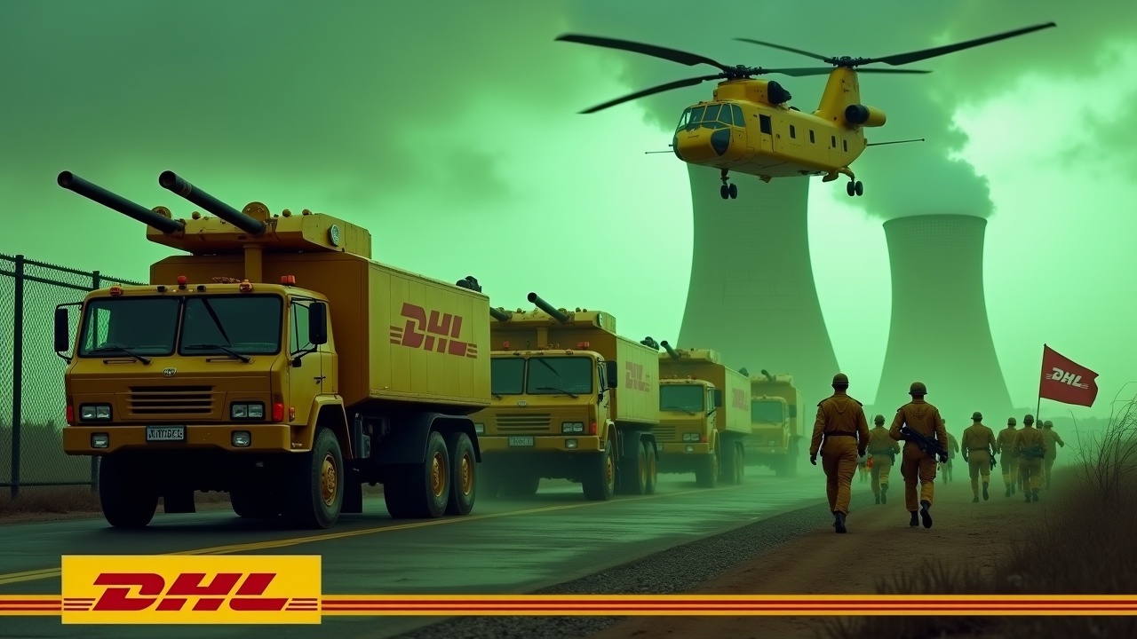 In a dramatic scene, several large yellow armoured trucks equipped with double barrel roof-mounted cannons drive up to a fence. The sides of the trucks clearly show the DHL logo. Nearby, several soldiers wearing yellow uniforms and holding rifles are seen marching together in unison. One soldier is holding a large flag with the DHL logo clearly visible. In the background, we can see the prominent smokestacks of a nuclear power plant, glowing green. The sky is awash with an evil green glow, and a large yellow Chinook CH-47 cargo helicopter flies above, adding to the intensity of the scene. At the bottom, we see the DHL logo, displayed in bold, yellow text.