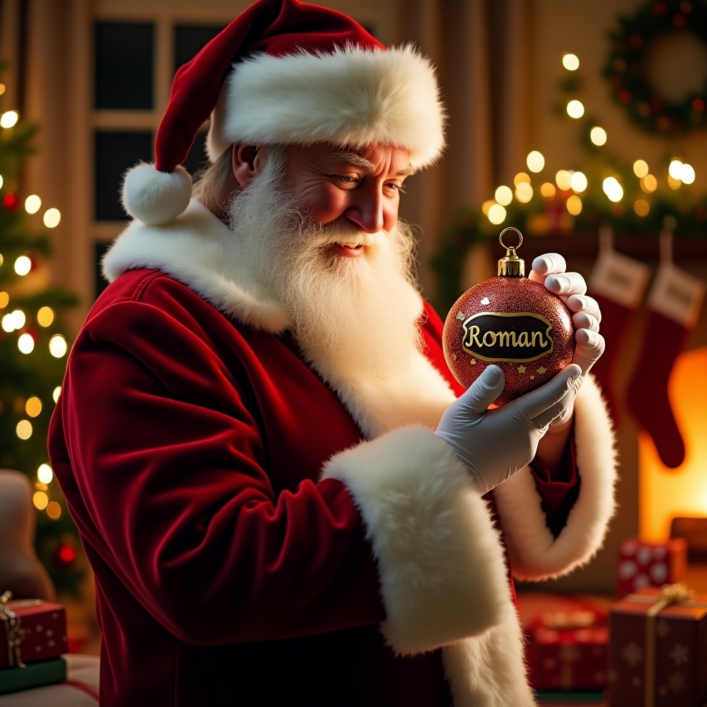 Santa holds a Christmas bauble inscribed with the name Roman. He appears festive, surrounded by holiday decorations.