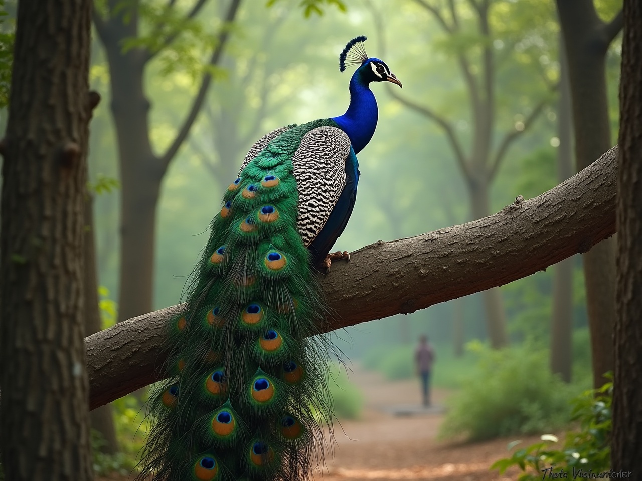 A vibrant peacock perches gracefully on a tree branch, its iridescent feathers cascading down like a waterfall. The serene forest setting, with blurred trees and a lone figure walking down a path, adds to the image's tranquil atmosphere.