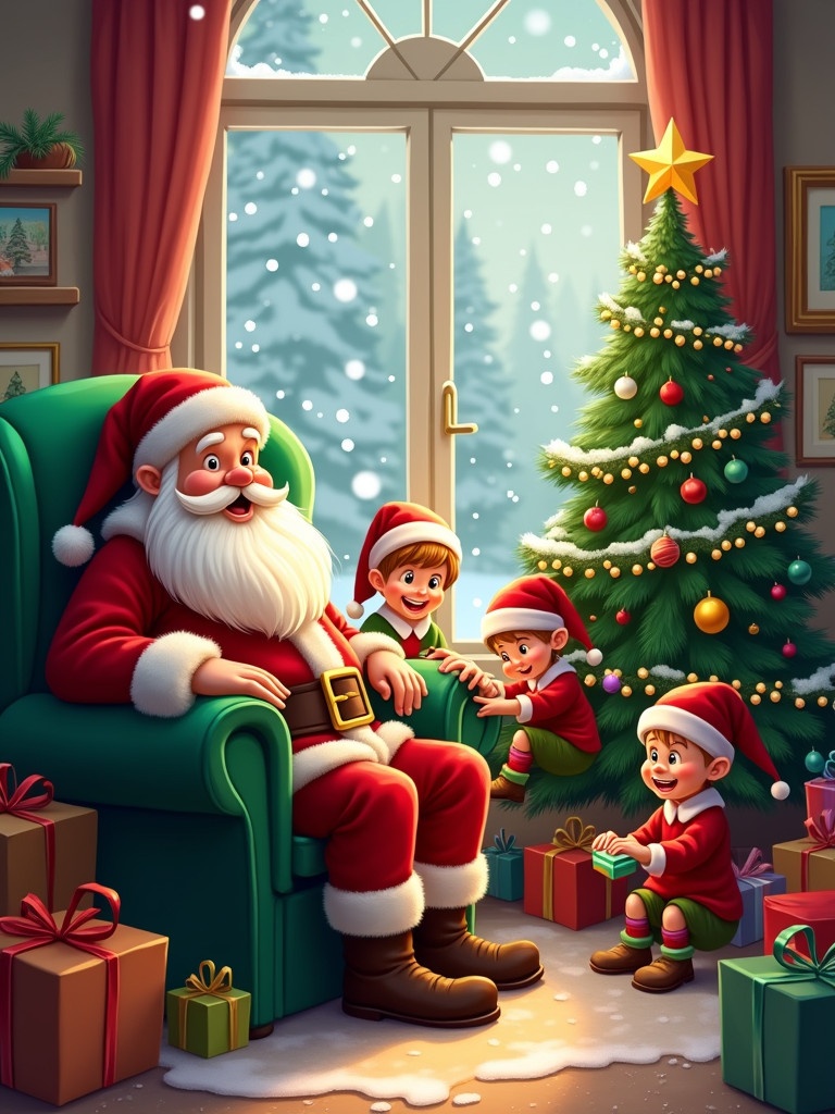 Festive Christmas scene. Santa Claus sits in a green chair. Cheerful elves prepare gifts. Decorated Christmas tree is present. Snow falls outside the window. Colorful presents scattered around.