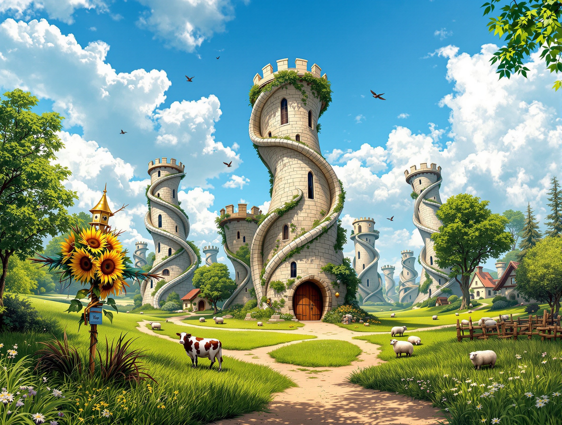 A whimsical landscape featuring twisting towers resembling medieval architecture. Lush green countryside under a blue sky. Tall main tower with narrow windows and wooden door. Several similar towers in the background. A scarecrow with sunflowers in the foreground. A cow near the main tower. Sheep grazing in the distance. Dirt path leading to the tower. Natural sunlight enhances the serenity of the scene. Bright and colorful whimsical art style.