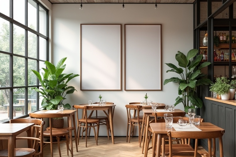 Café interior with large windows. A wall displays two empty frames. Plants add to relaxation. Wooden classic Italian tables and chairs enhance the modern look.