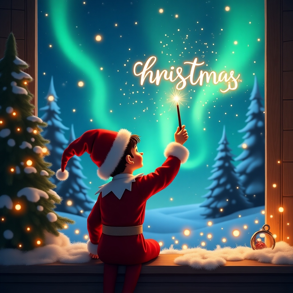 An enchanting Christmas scene with an elf on the shelf. The elf is dressed in red and white, writing in glowing script with a magic wand. The background features vibrant northern lights and festive decorations.